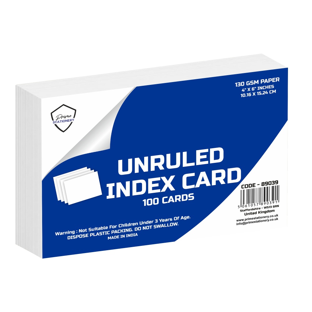 Prime Index / Record Cards Unruled 6'' x 4'' 100 Cards 130GSM